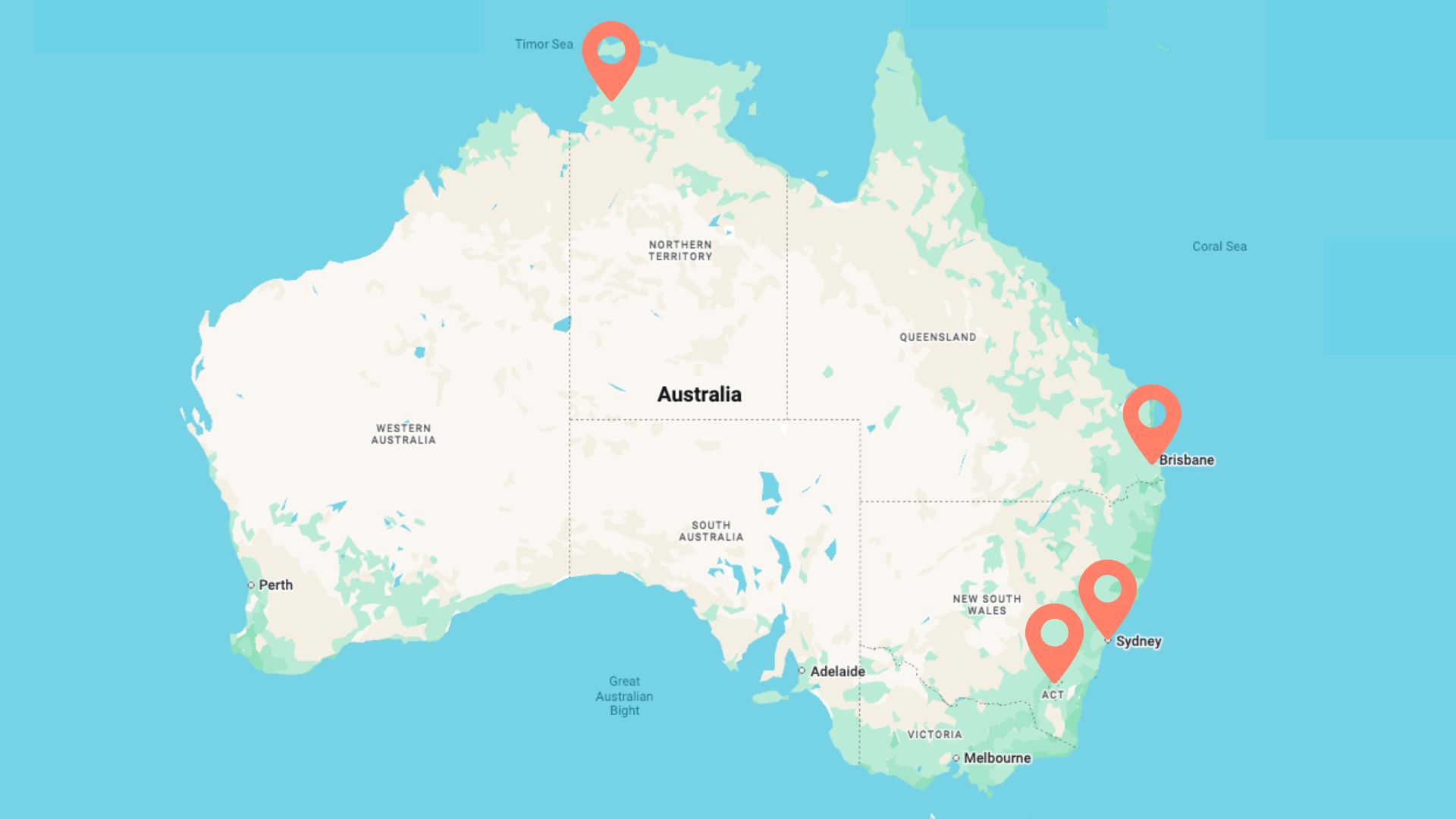 Map of Australia with four orange location pins marking Timor Sea, Brisbane, Sydney, and Canberra regions in the east coast area